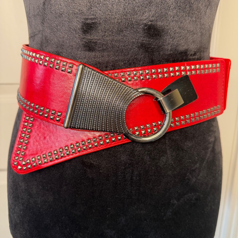 Red Faux Leather Studded Cinch Waist Belt Wide Asymmetrical Gunmetal Buckle L